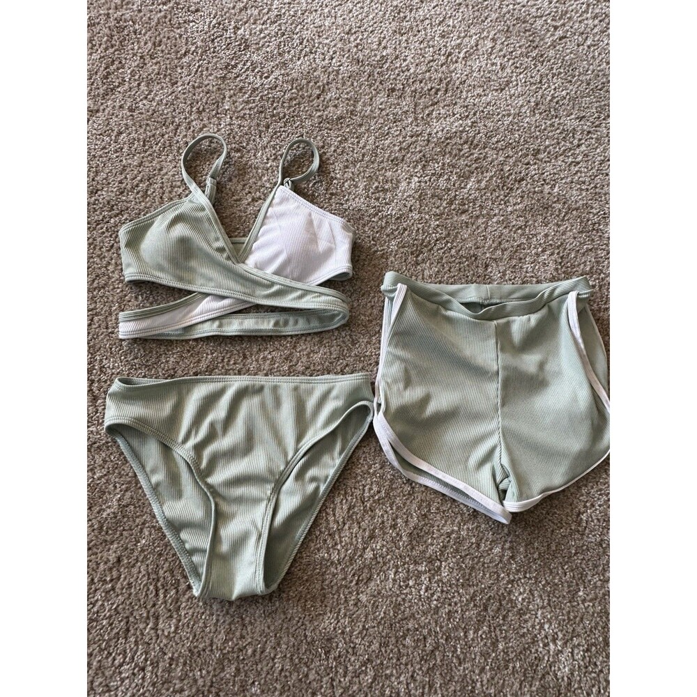 Toddler Green Three-Piece Bikini Set with Wrap Top and Shorts